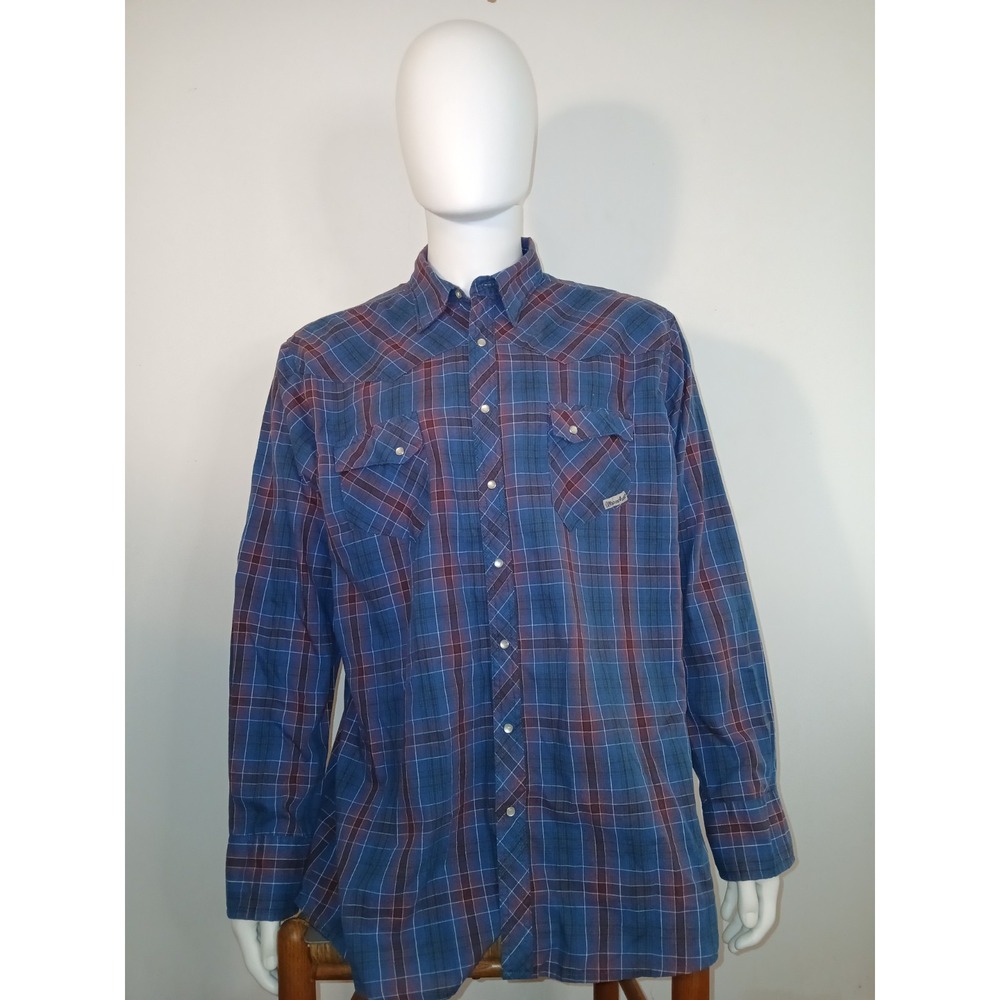 Wrangler Wrancher Western Shirt Mens 2XT Tall Blue Plaid Pearl Snap Long Sleeve